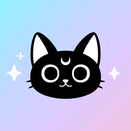 Nikury logo (cute illustrated black cat with a moon on it's forehead, background is pastel blue-purple-pink gradient with white sparkles).